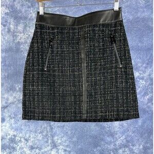DKNY Women's Black Faux Leather Trim Tweed Mini Skirt Size 0